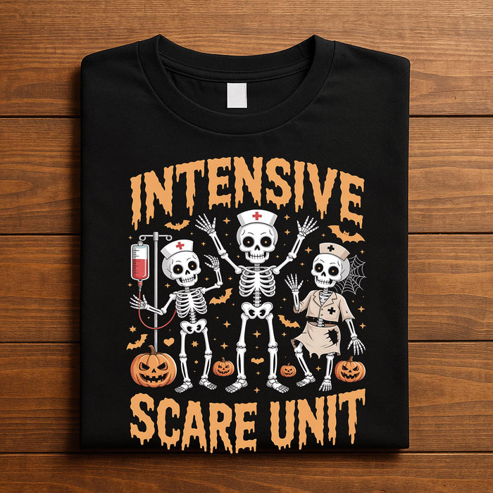Intensive Scare Unit Shirt Funny Skeleton Nurse Halloween Tee With Pumpkins Perfect Spooky Medical Costume Outfit, Ha...