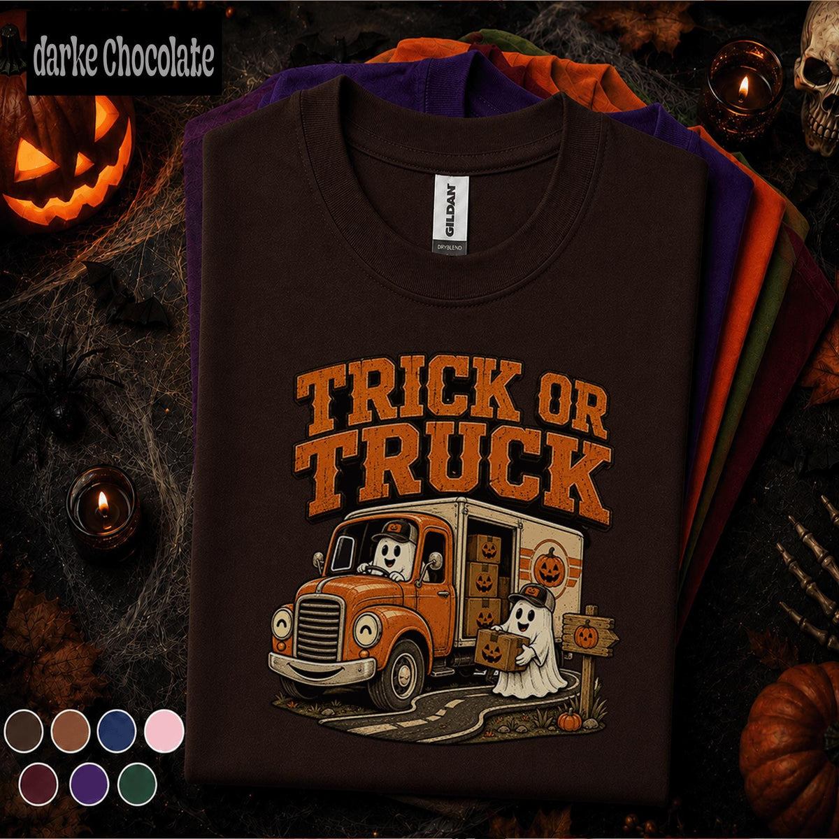 Trick or Truck Halloween Shirt, Funny Ghost Truck Driver Tee, Spooky Delivery Driver Gift, Pumpkin Truck Costume, Retro Fall Tee