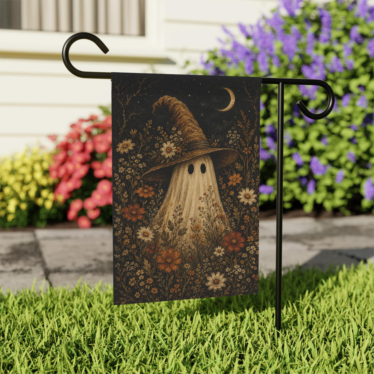 Ghost Witch Halloween Garden Flag, Floral Spooky Yard Decor, Witch Hat Ghost Flag, Vintage Autumn Halloween Outdoor Porch Decoration Fall