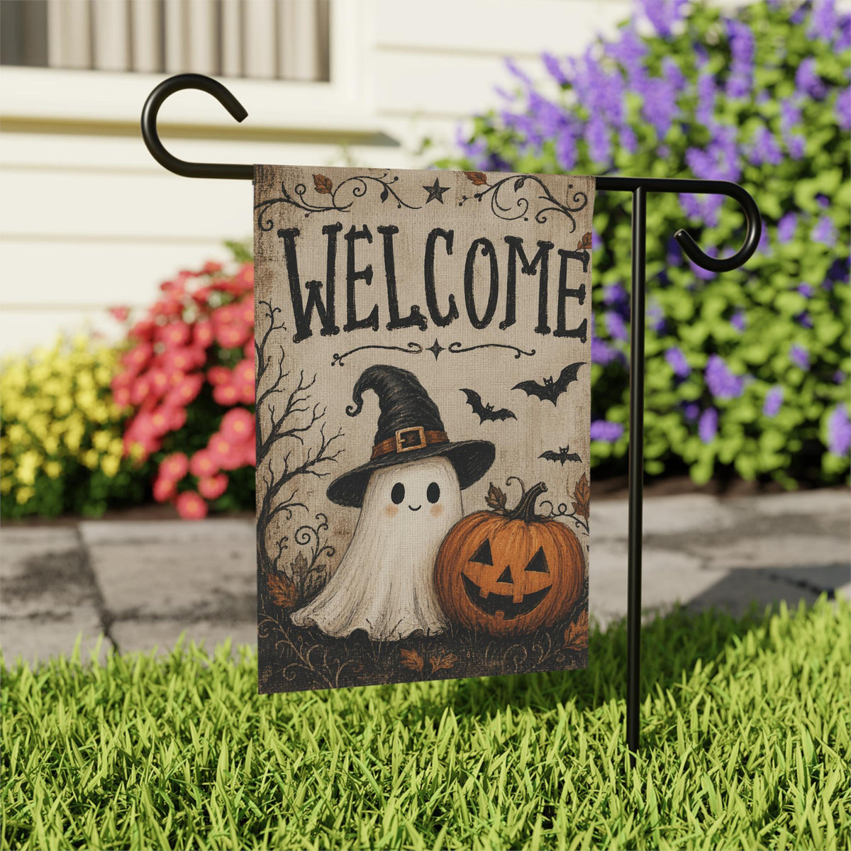 Ghost Witch Halloween Garden Flag, Welcome Pumpkin Yard Decor, Cute Spooky Witch Hat Ghost, Vintage Halloween Outdoor Porch Decoration