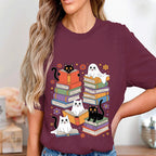 Halloween Cats Reading Books Shirt, Cute Ghost with Black Cats Book Tee, Spooky Book Club Sweatshirt, Cat Lover Halloween Reading Gift Shirt