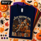 Just Waiting for Halloween Shirt, Skeleton Pumpkin Spice Tee, Cozy Spooky Season Shirt, Vintage Fall Halloween Lover Gift Tee