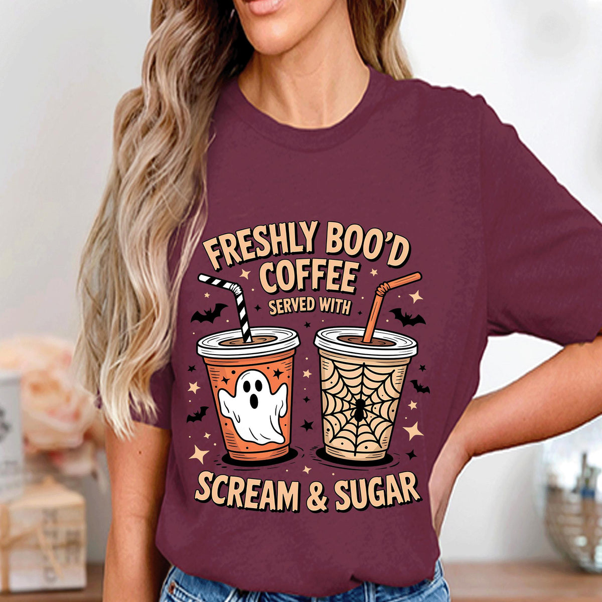 Freshly Boo’d Coffee Shirt, Funny Halloween Ghost Pumpkin Halloween Coffee Lover Tee, Spooky Barista Shirt With Scream And Sugar Sweatshirt