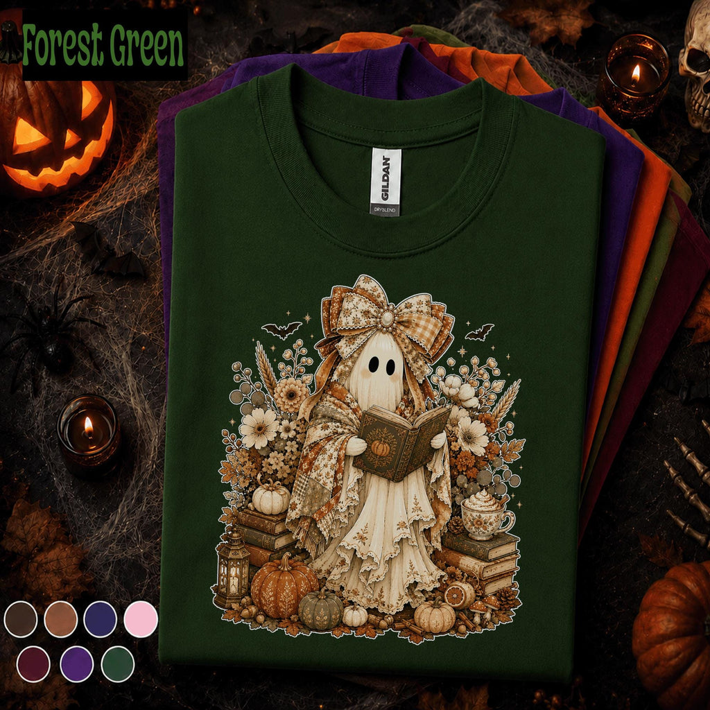 Cozy Reading Ghost Halloween Shirt, Book Lover Tee, Cottagecore Spooky Season Shirt, Cute Fall Reader Librarian Teacher Gift