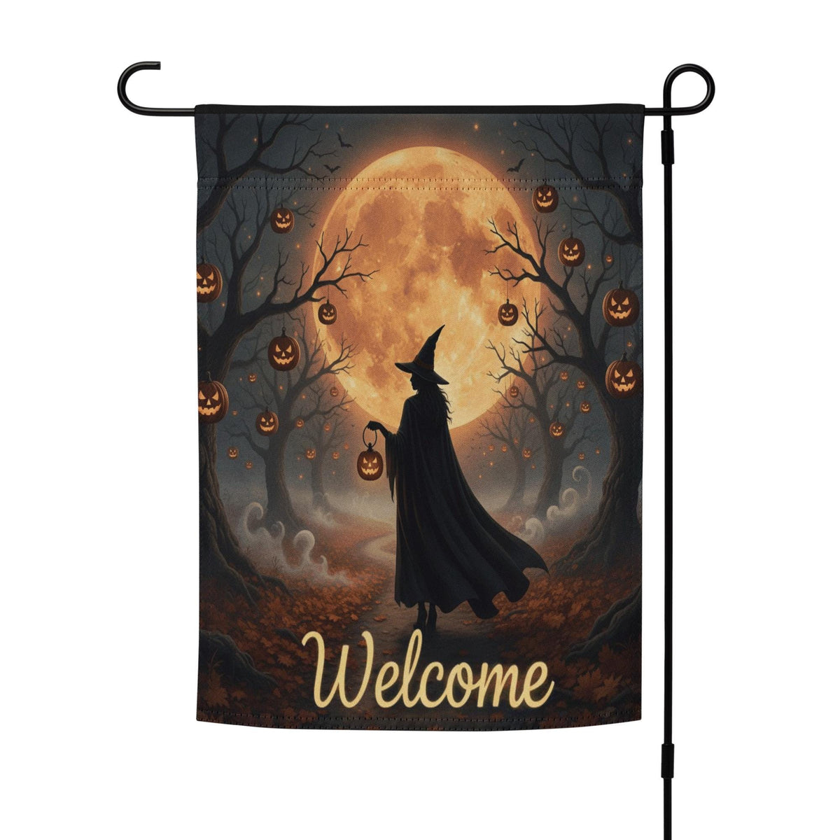 Witch Halloween Garden Flag with Pumpkin Lantern and Blood Moon, Spooky Welcome Yard Decor, Gothic Fall Outdoor Sign for Haunted House Vibes
