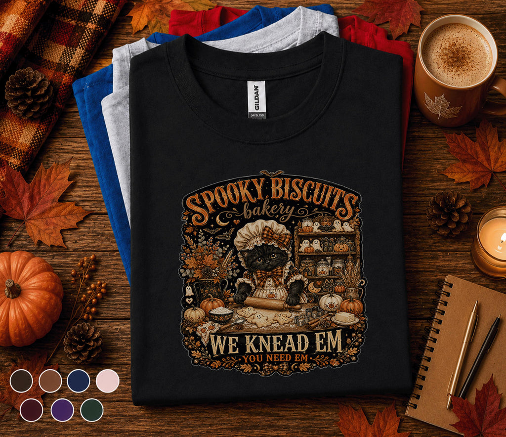 Spooky Biscuits Bakery Shirt, Halloween Black Cat Baker Tee
