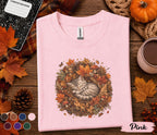 Cute Sleeping Fall Cat Shirt, Cozy Autumn Kitten Wreath Tee, Woodland Cat Lover T-Shirt, Pumpkin Season Thanksgiving Gift for Women