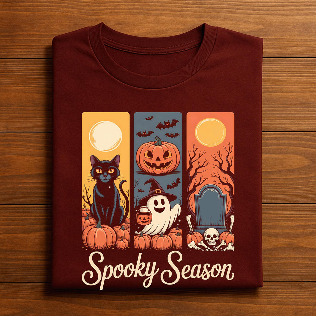 Gift Spooky Season Shirt, Fall Womens Halloween Tee with Cat Pumpkin Ghost
