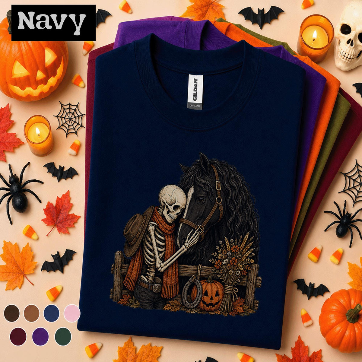 Skeleton Horse Halloween Shirt, Spooky Equestrian Tee, Western Cowboy Skeleton Gift, Black Horse Pumpkin Fall Rider Gothic Shirt Tee
