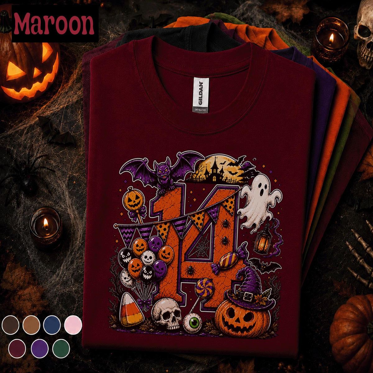 14th Birthday Halloween Shirt, Spooky Number 14 Tee, October Birthday Party Shirt, Ghost Pumpkin Witch Teen Halloween Birthday Gift