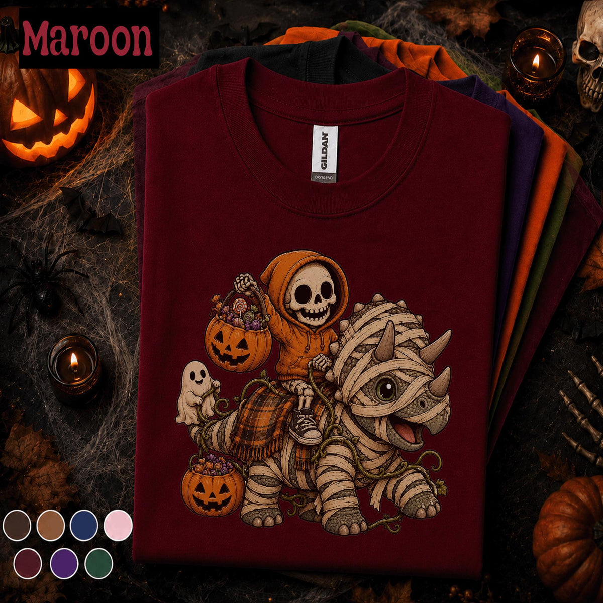 Cute Mummy Dinosaur Halloween Shirt, Skeleton Tee, Spooky Dino T Shirt, Pumpkin Ghost Fall Gift, Kids Youth Boys Halloween Top