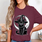 Halloween black cat hat and crescent moon shirt, spooky gothic cat lover Tee, magical witchy vibe apparel, Halloween Cat Sweatshirt