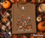 Hello Fall Raccoon Shirt, Cute Autumn Raccoon Pumpkin Spice Coffee Tee, Cozy Woodland Animal Fall Shirt, Thanksgiving Harvest Sweatshirt