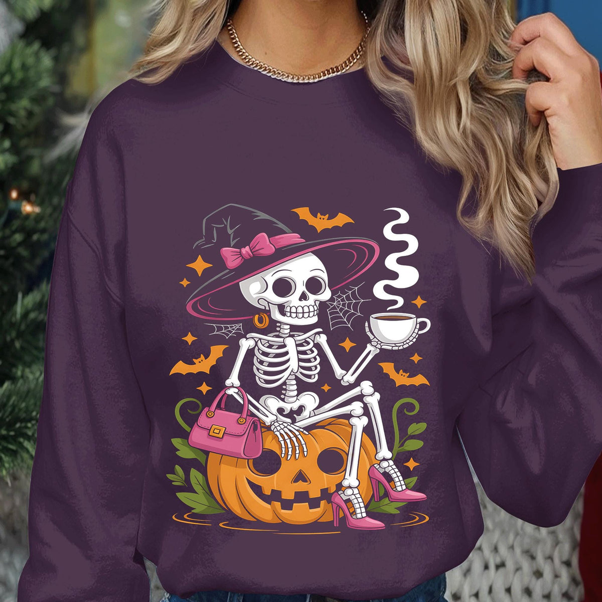 Skeleton Witch Coffee Halloween Shirt, Spooky Pumpkin Skeleton Sweatshirt, Witch Hat Skeleton Drinking Coffee Tee, Funny Spooky Season Gift