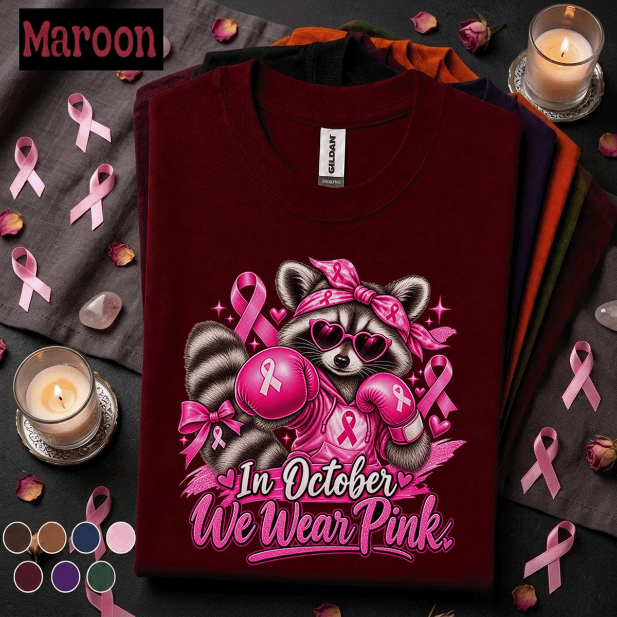 Breast Cancer Awareness Shirt, In October We Wear Pink Tee, Pink Ribbon Raccoon Shirt, Pink Out Boxing October Support Gift for Women