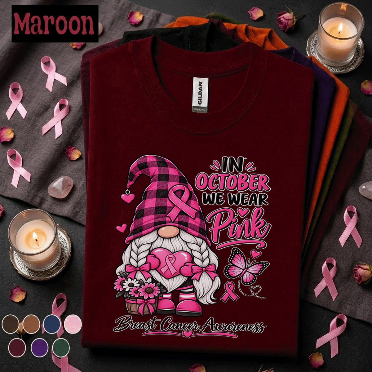 Breast Cancer Awareness Shirt, In October We Wear Pink Gnome Tee, Pink Ribbon Support Shirt, Cancer Warrior Gift, Fall Awareness T Shirt