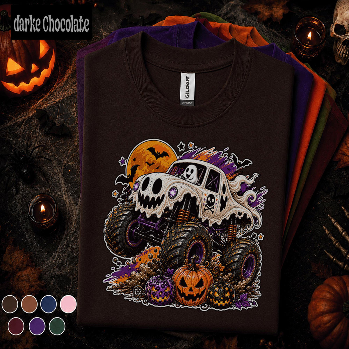 Ghost Monster Truck Halloween Shirt, Spooky Truck Pumpkin Tee, Cute Ghost Racing T Shirt, Halloween Monster Truck Gift for Kids Adults