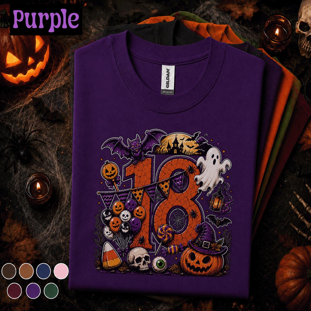 18th Birthday Halloween Shirt, Spooky Number 18 Tee, October Birthday Party Shirt, Ghost Pumpkin Witch Halloween Gift for Teen Girls Boys