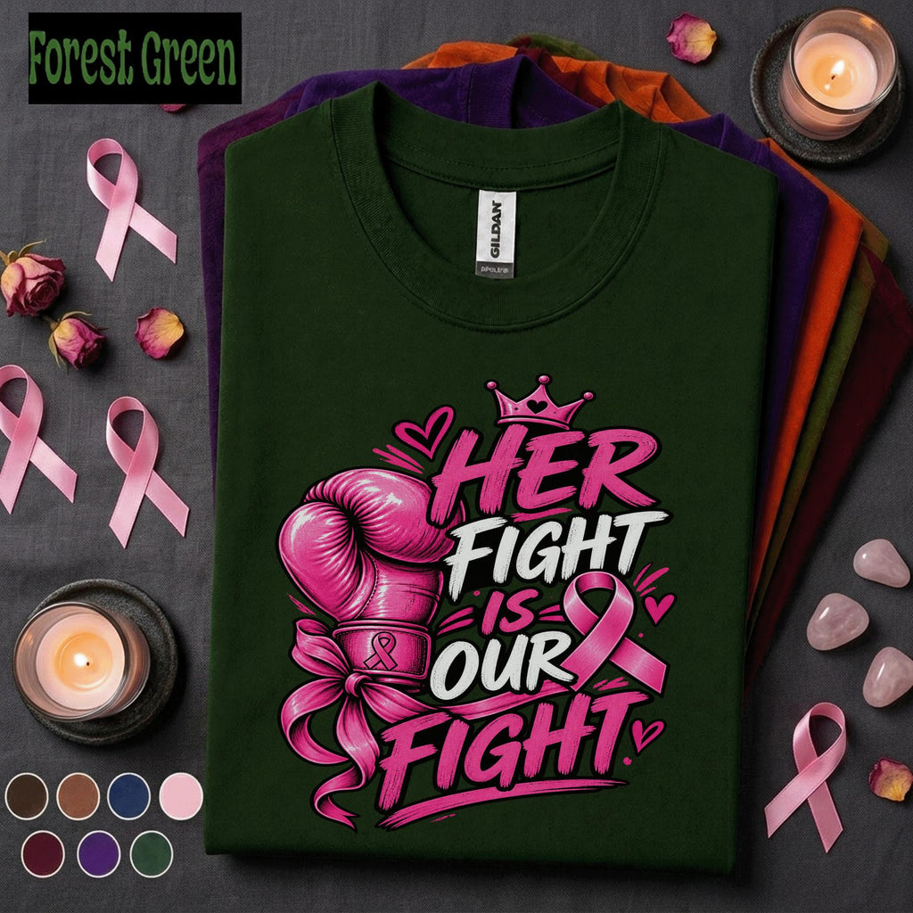 Breast Cancer Awareness Shirt, Her Fight Is Our Fight Tee, Pink Ribbon Boxing Glove Shirt, Support Squad Gift for Women Family Friends