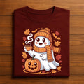 Cozy Ghost Fall Coffee Shirt, Cute Halloween Ghost with Pumpkin and Scarf Tee