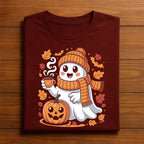 Cozy Ghost Fall Coffee Shirt, Cute Halloween Ghost with Pumpkin and Scarf Tee
