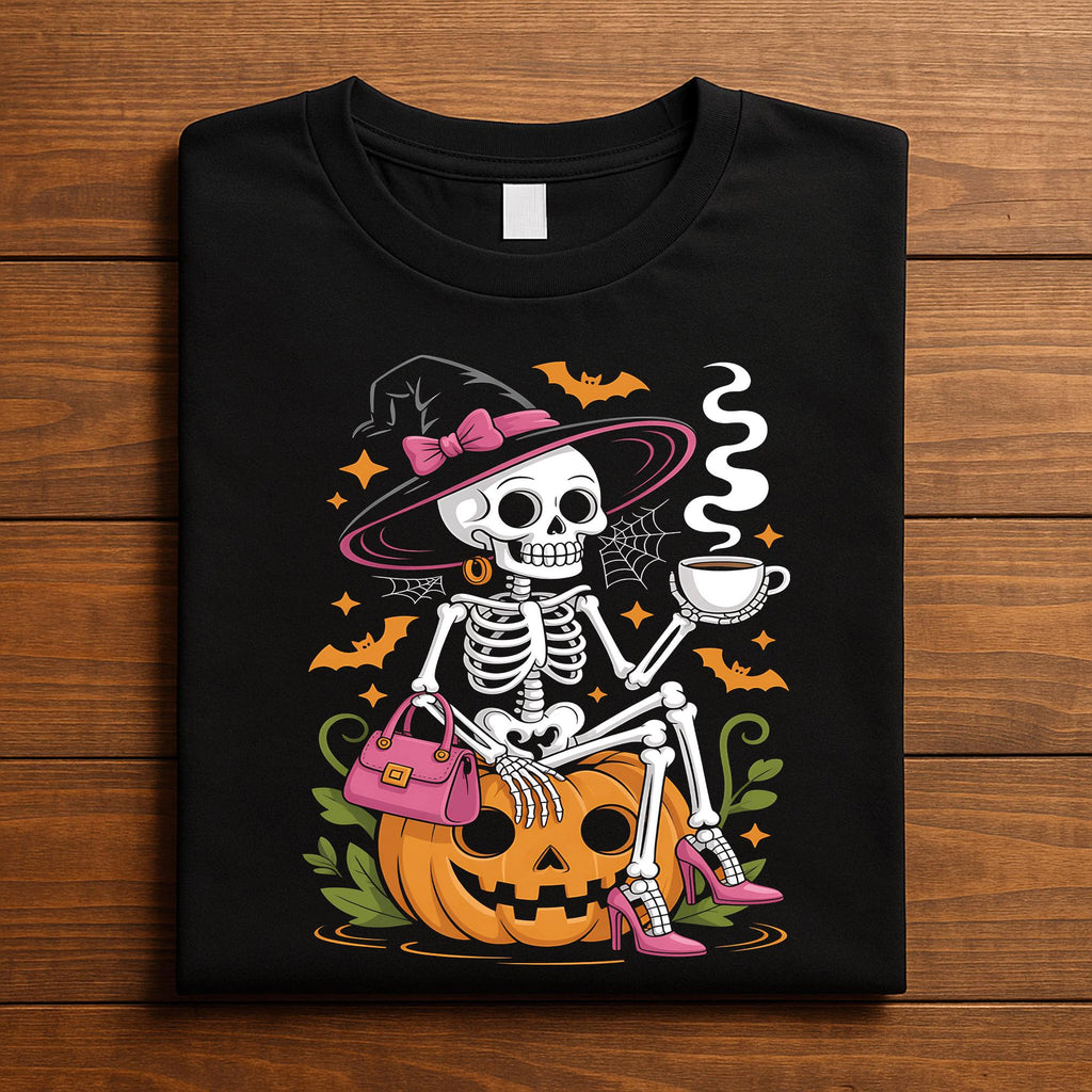 Skeleton Witch Coffee Halloween Shirt, Spooky Pumpkin Skeleton Sweatshirt