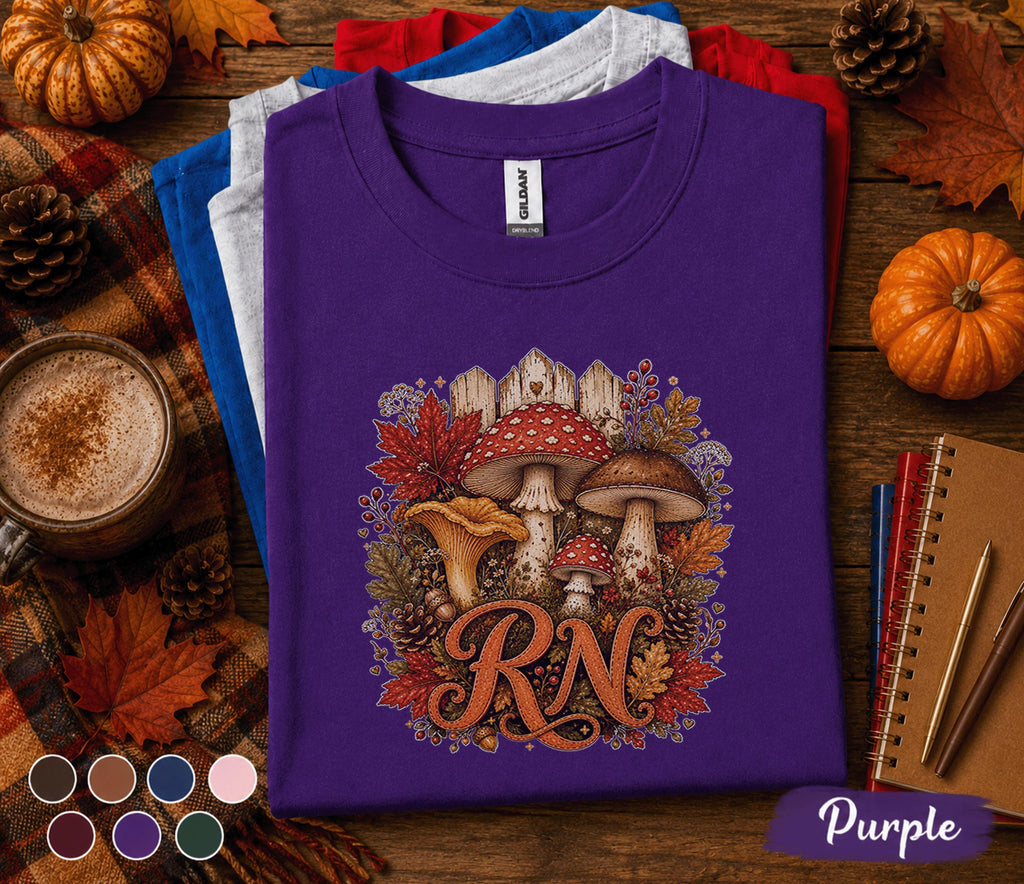 Fall RN Nurse Shirt, Autumn Mushroom RN Tee, Woodland Nurse Shirt, Cozy Registered Nurse Gift, Medical Fall Sweatshirt, Healthcare Worker