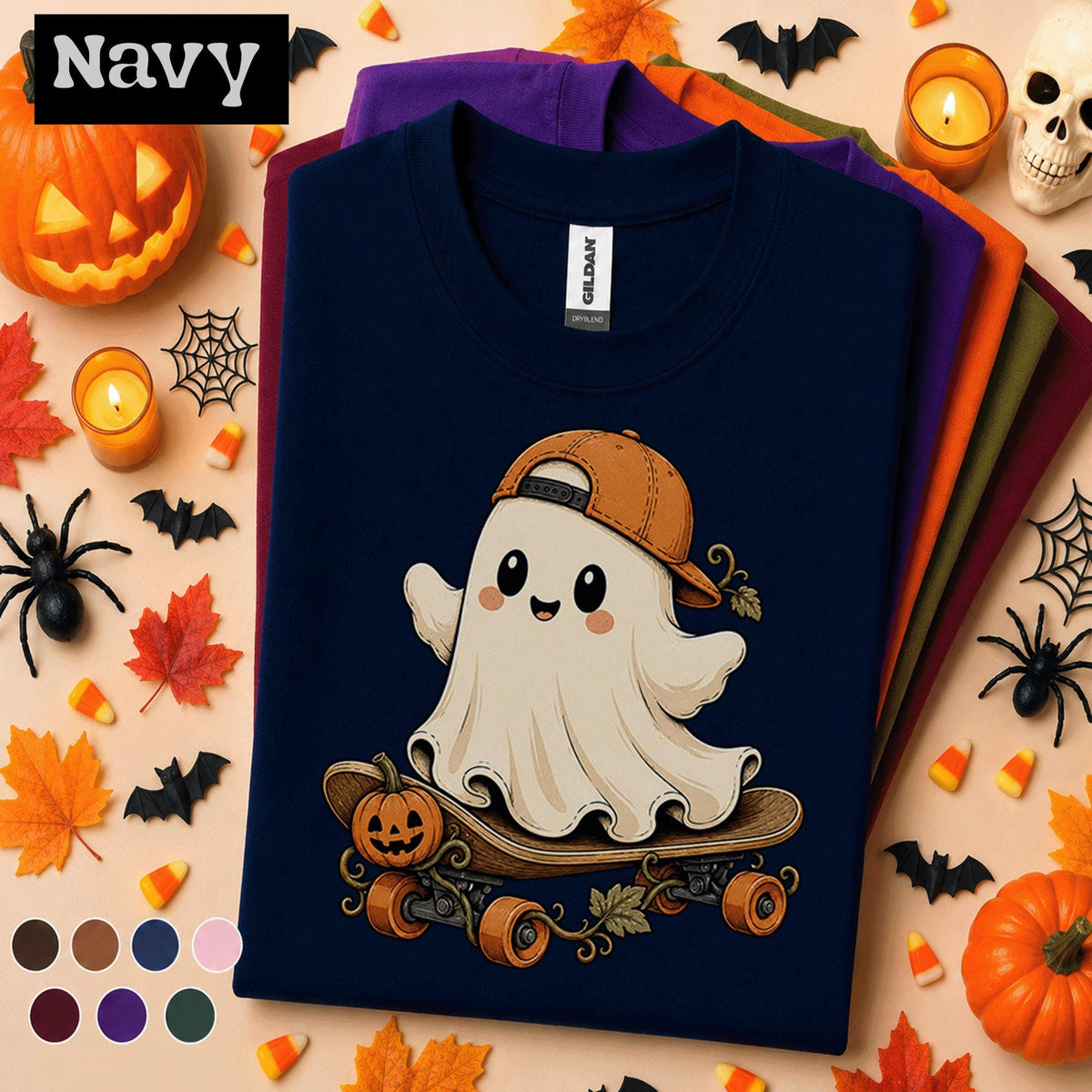 Cute Ghost Halloween Shirt, Skateboard Ghost Tee, Pumpkin Skater Shirt, Spooky Season Tee, Funny Halloween Gift for Skaters Kids Youth Boys