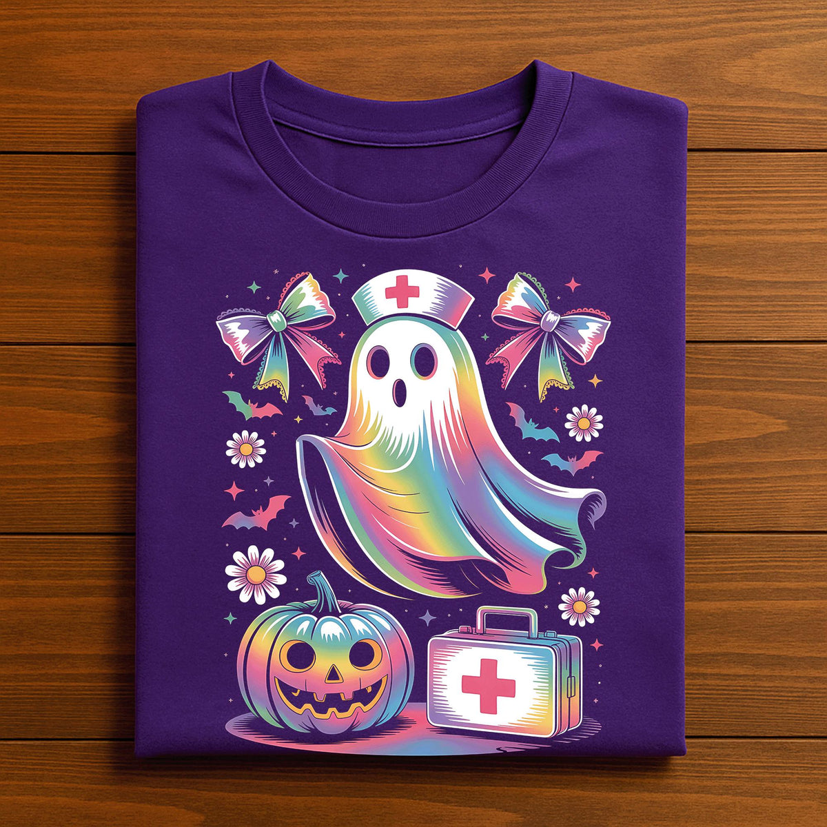 Rainbow Ghost Nurse Shirt, Pastel Halloween Nurse T-Shirt, Cute Halloween Shirt for Nurses, Ghost Tee with Pumpkin, RN Halloween Sweatshirt