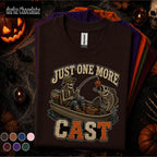 Just One More Cast Halloween Fishing Shirt, Skeleton Fisherman Tee, Spooky Angler Gift, Pumpkin Lure Fishing Tee, Funny Fall Fishing Shirt