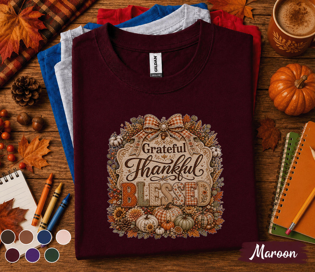 Grateful Thankful Blessed Shirt, Thanksgiving Pumpkin Tee, Cozy Autumn Sweatshirt, Rustic Fall Harvest Shirt, Plaid Bow Pumpkin Gift Women