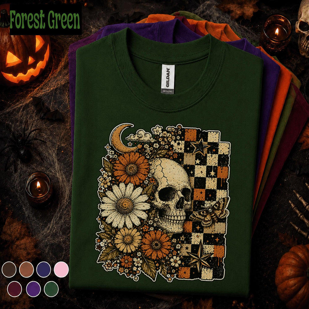 Floral Skull Halloween Shirt, Gothic Daisy T Shirt, Spooky Season Tee, Checkerboard, Celestial Witchy Fall Gift for Women