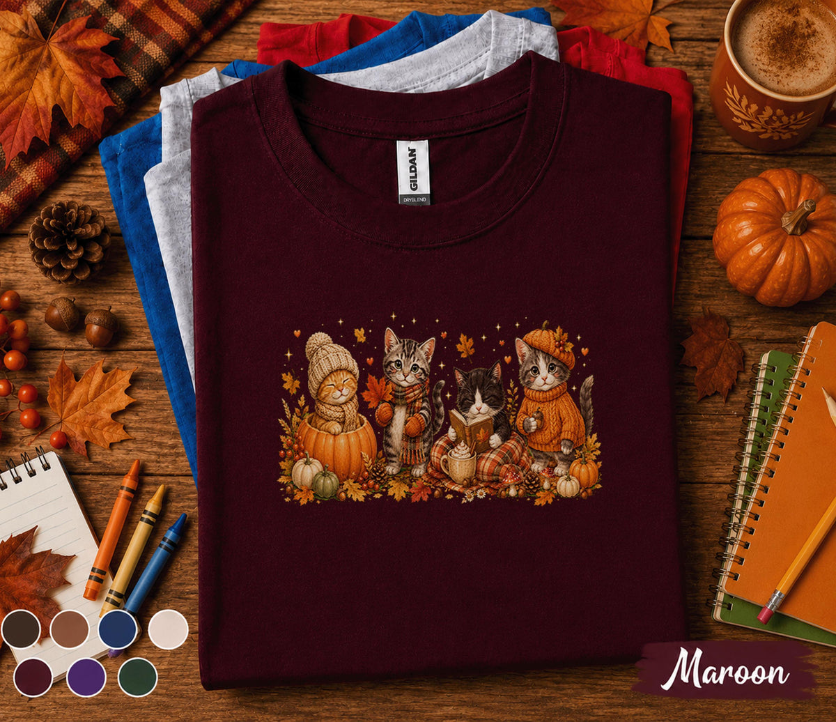 Cute Fall Cats Shirt, Autumn Kitten Pumpkin Tee, Cozy Thanksgiving Cat Lover Gift, Pumpkin Spice Season Unisex T-Shirt