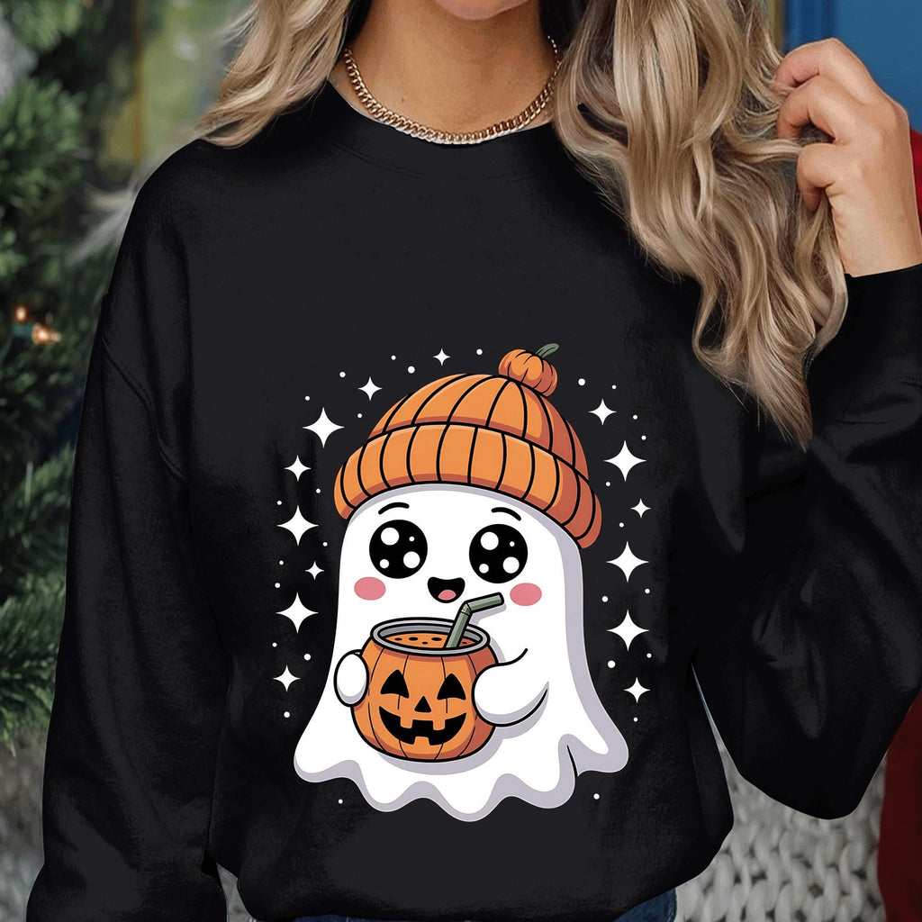 Cute Ghost Shirt with Pumpkin Beanie, Halloween Shirt, Kawaii Halloween Tee, Coffee Fall Ghost Sweatshirt, Spooky Season Cute Halloween Gift