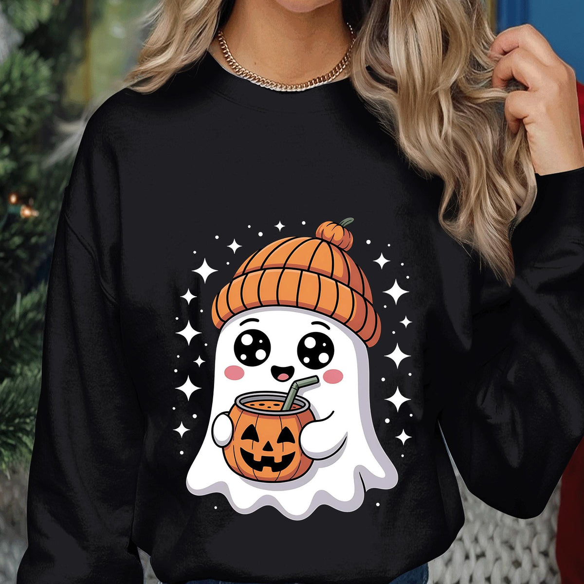 Cute Ghost Shirt with Pumpkin Beanie, Halloween Shirt, Kawaii Halloween Tee, Coffee Fall Ghost Sweatshirt, Spooky Season Cute Halloween Gift