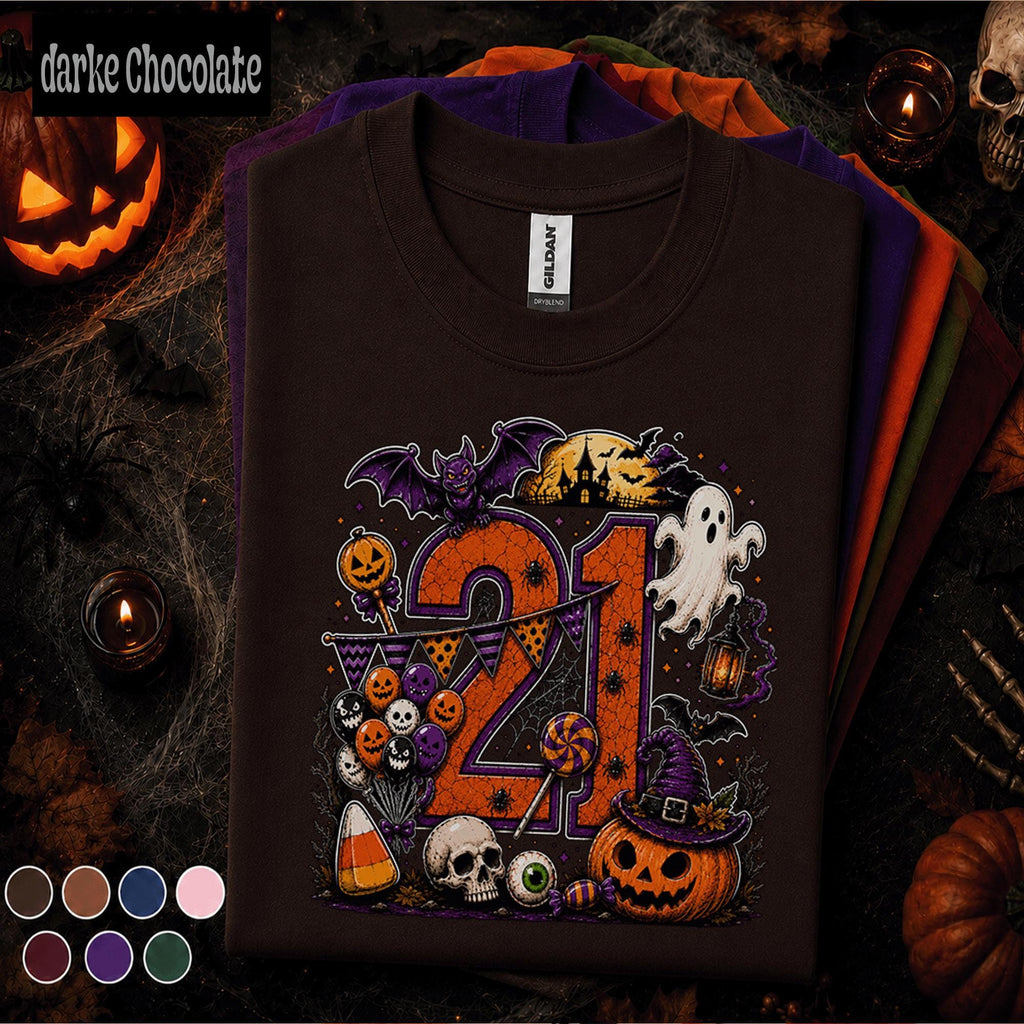 21st Birthday Halloween Shirt, Spooky Number 21 Tee, October Birthday Party Shirt, Ghost Pumpkin Witch Halloween Gift for Women Men