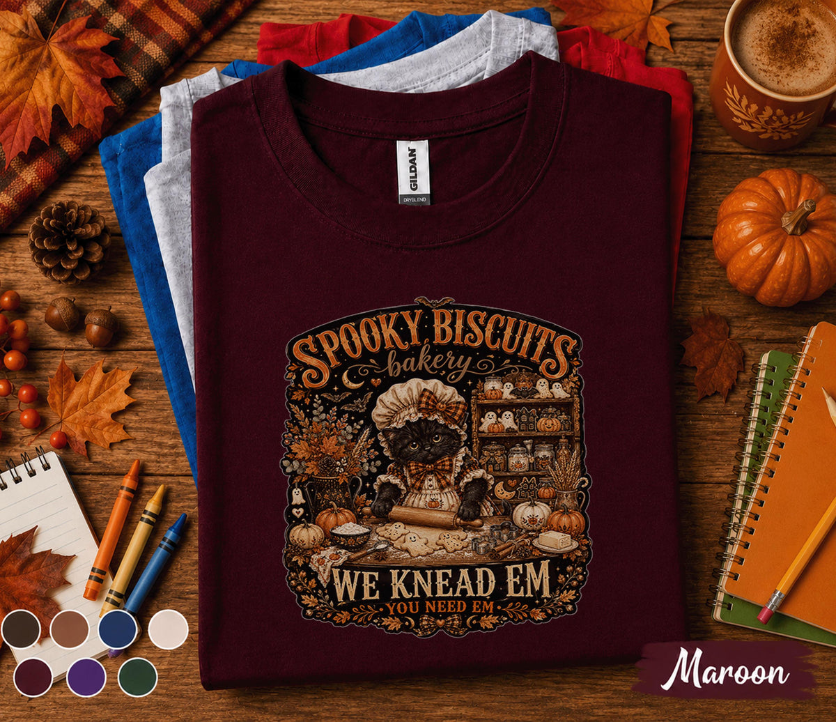 Spooky Biscuits Bakery Shirt, Halloween Black Cat Baker Tee, Cute Ghost Cookie T-Shirt, Witchy Baking Gift, Spooky Season Fall Shirt