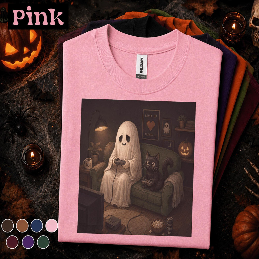 Ghost Gamer Halloween Shirt, Cute Gaming Ghost and Black Cat Tee, Cozy Spooky Season Shirt, Retro Gamer Halloween Gift Tee