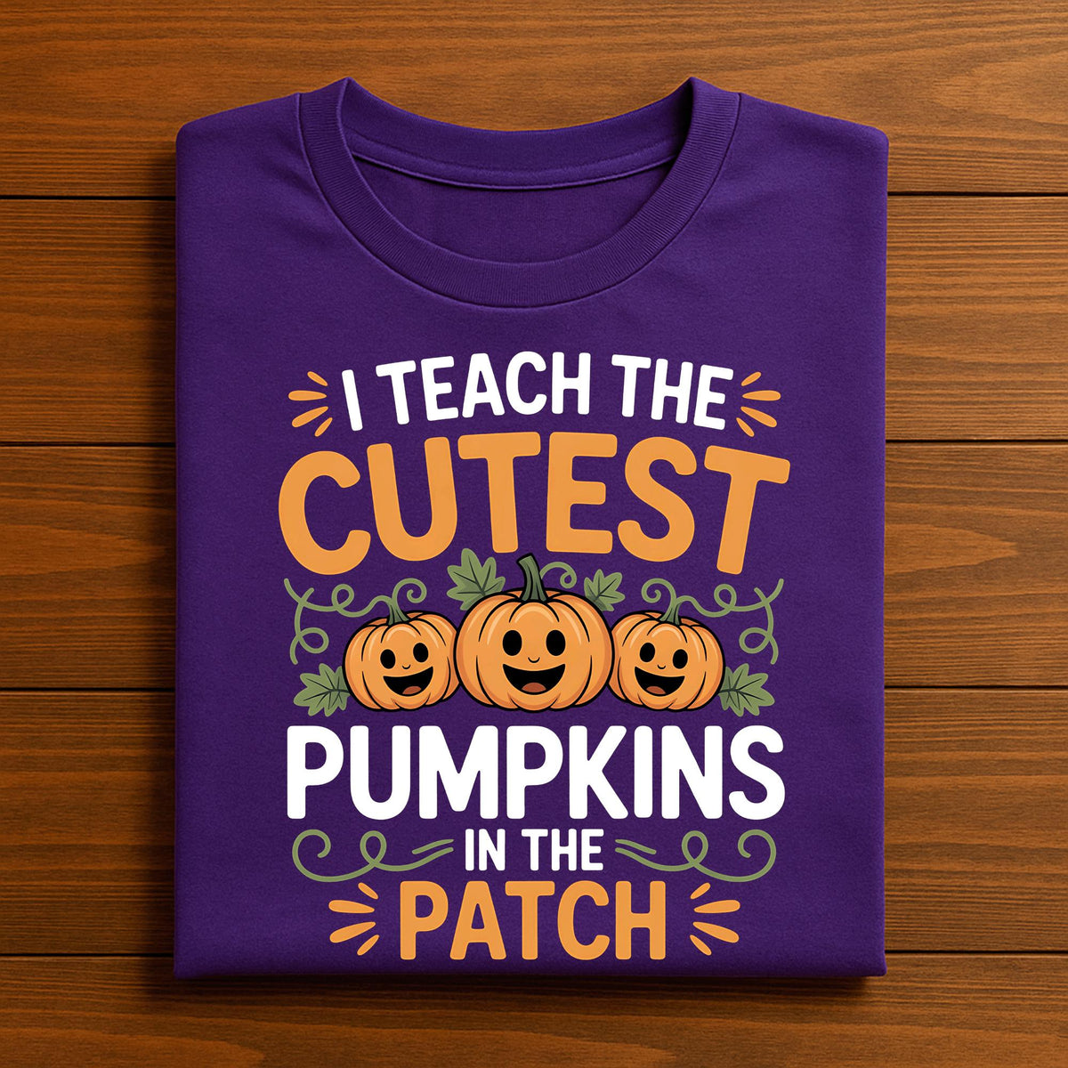 I Teach the Cutest Pumpkins Shirt, Gift Halloween Teacher Tee with Smiling Pumpkins and Vines, Sweatshirt Preschool Kindergarten Fall Top