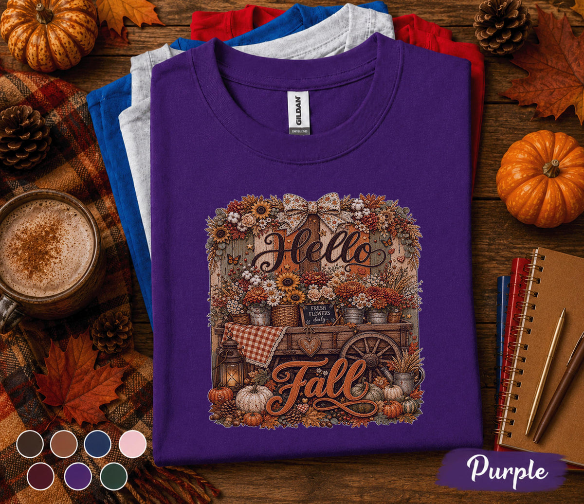 Hello Fall Shirt, Autumn Floral Wagon Tee, Pumpkin Harvest Shirt, Cozy Farmhouse Fall T-Shirt, Thanksgiving Gift for Her, Country Autumn