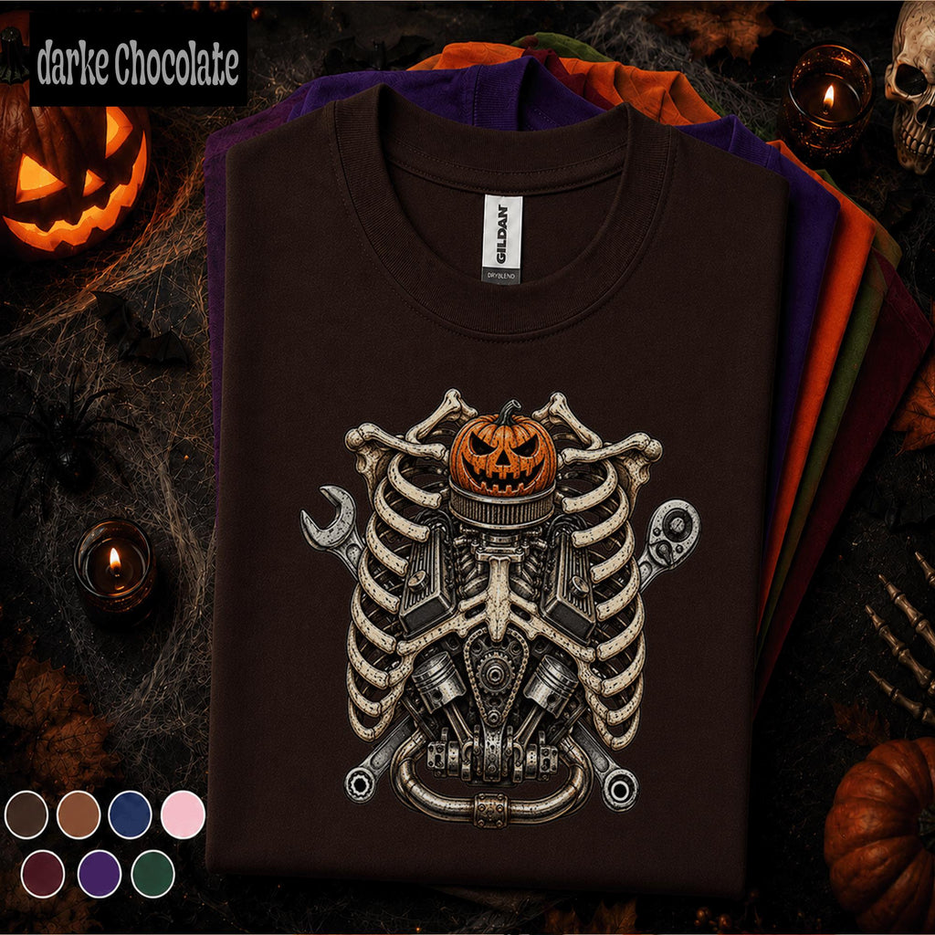 Mechanic Halloween Shirt, Skeleton Engine Rib Cage Tee, Pumpkin Auto Mechanic Gift, Spooky Garage Technician Vintage Halloween T-Shirt
