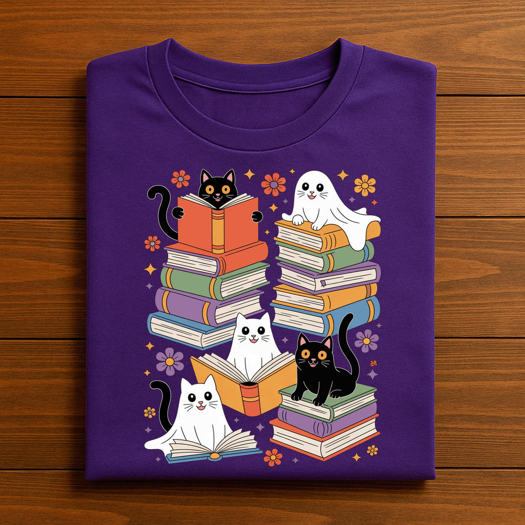 Halloween Cats Reading Books Shirt, Cute Ghost with Black Cats Book Tee