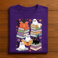 Halloween Cats Reading Books Shirt, Cute Ghost with Black Cats Book Tee