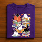 Halloween Cats Reading Books Shirt, Cute Ghost with Black Cats Book Tee