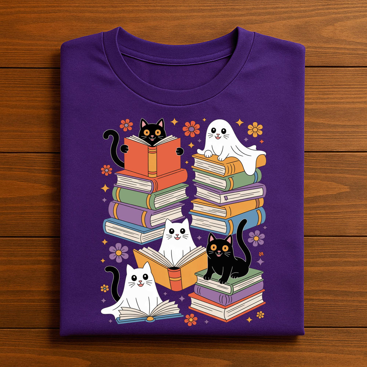 Halloween Cats Reading Books Shirt, Cute Ghost with Black Cats Book Tee