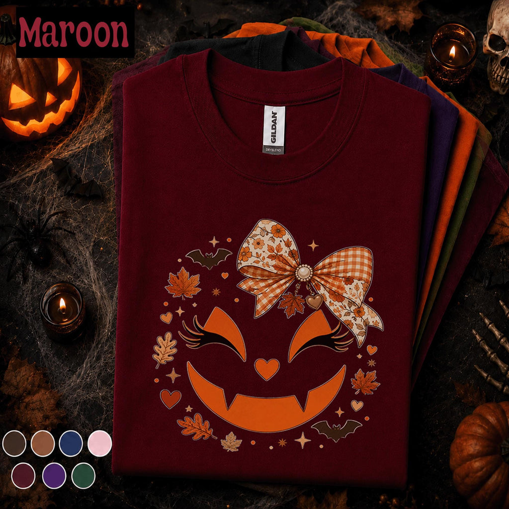 Girly Pumpkin Halloween Shirt, Cute Jack O Lantern Bow Tee, Coquette Spooky Season Shirt, Floral Plaid Fall Tee, Halloween Gift for Women