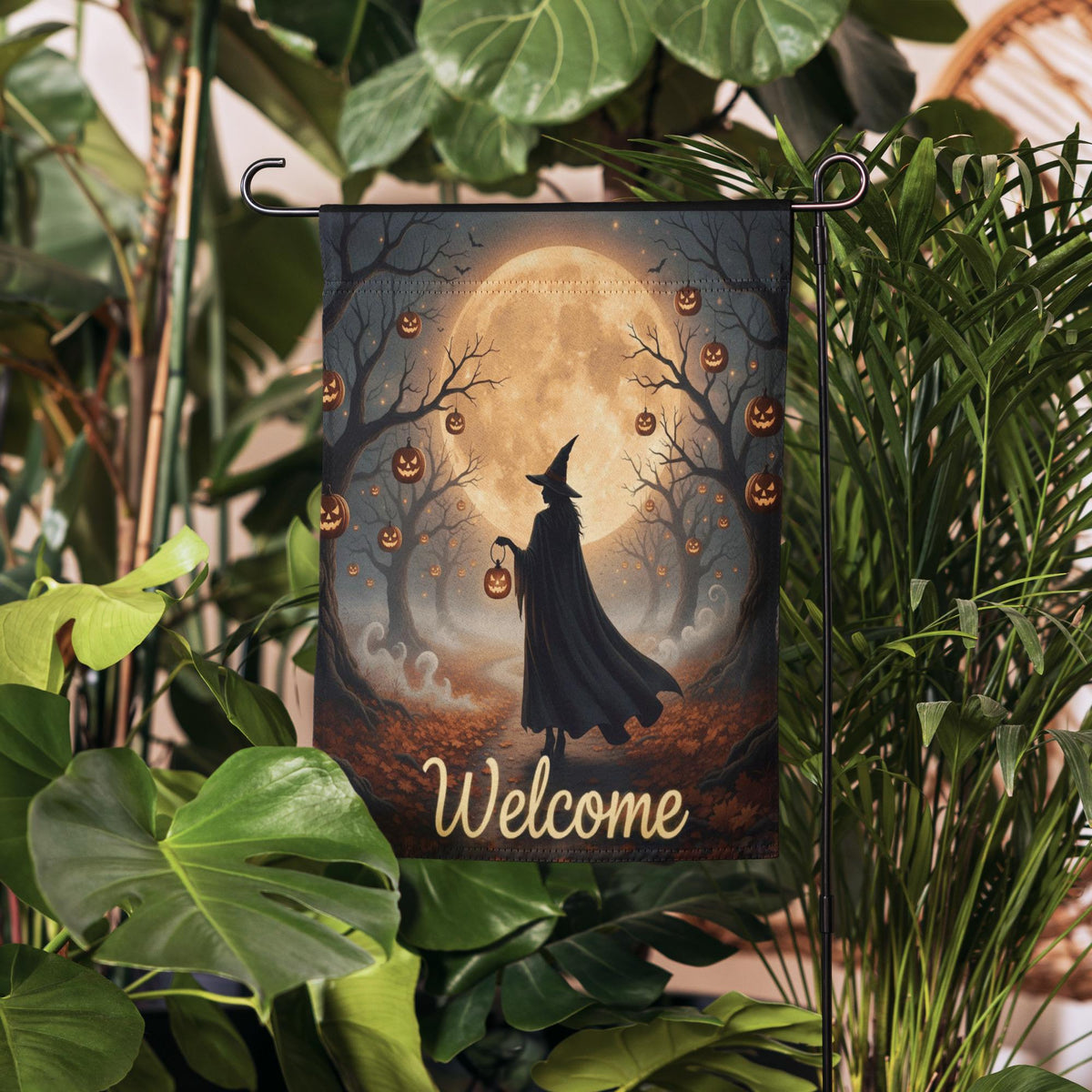 Witch Halloween Garden Flag with Pumpkin Lantern and Blood Moon, Spooky Welcome Yard Decor, Gothic Fall Outdoor Sign for Haunted House Vibes