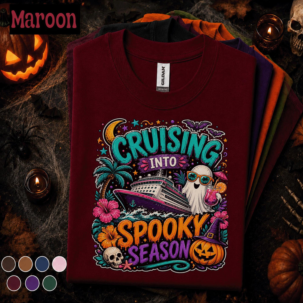 Cruising Into Spooky Season Shirt, Halloween Cruise Vacation Tee, Ghost Pumpkin Cruise Ship Shirt, Tropical Halloween Group Trip Gift