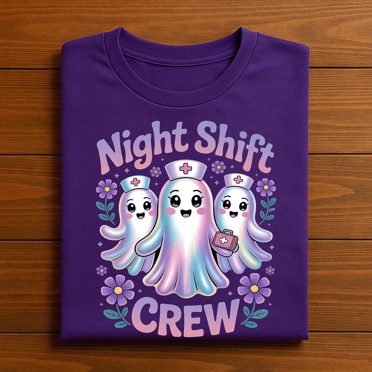 Night Shift Crew Nurse Shirt, Cute Ghost Halloween Nurse Tee Flowers