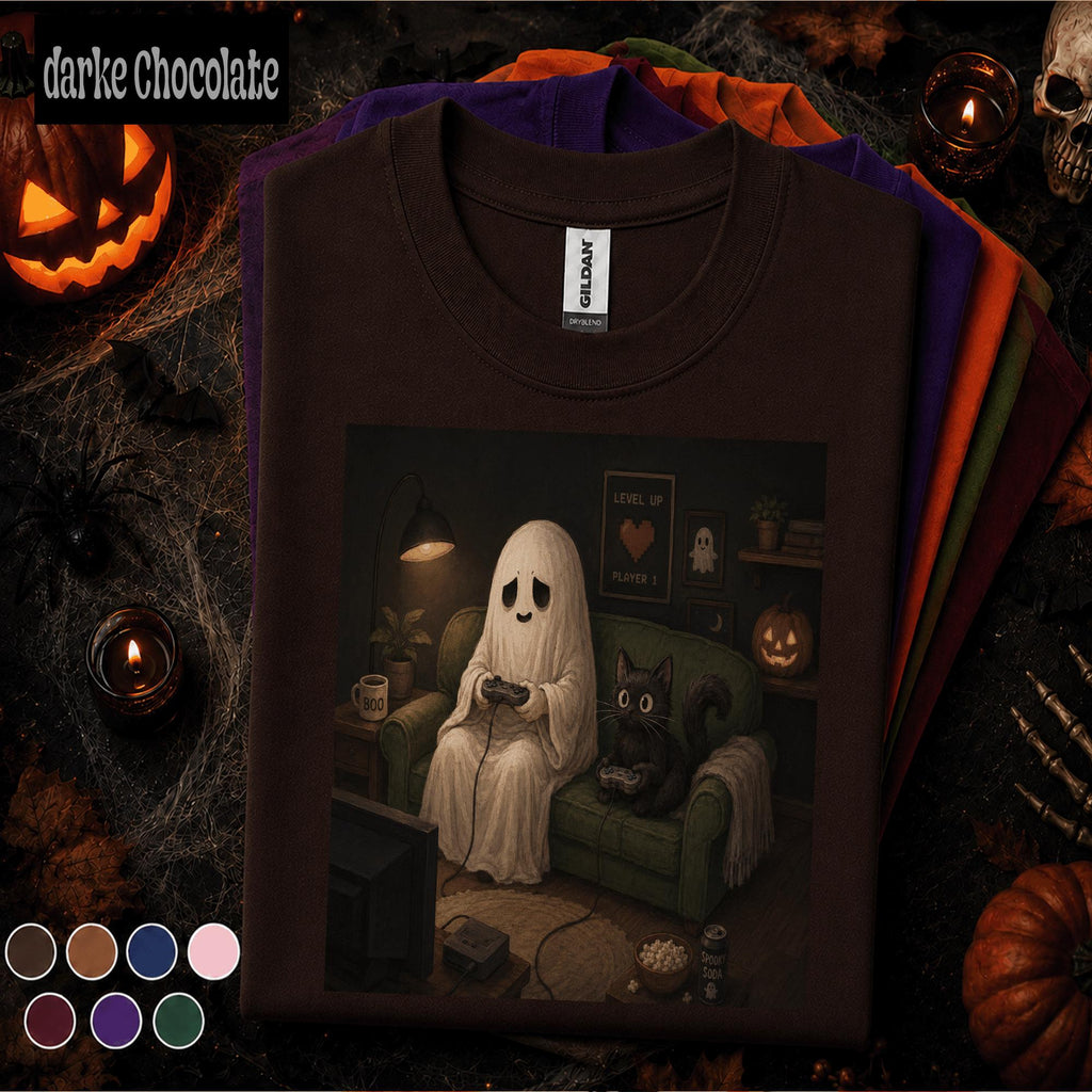 Ghost Gamer Halloween Shirt, Cute Gaming Ghost and Black Cat Tee, Cozy Spooky Season Shirt, Retro Gamer Halloween Gift Tee